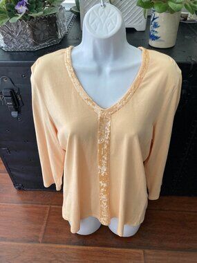 Talbots Pale Yellow V Neck Sequin Trimmed Blouse Large